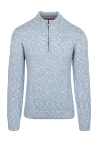 Lichtblauwe gebreide trui met lange mouwen en een halve rits kraag, met een textuurstof en geribde manchetten en zoom.