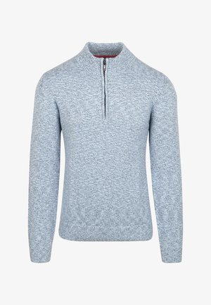 Lichtblauwe gebreide trui met lange mouwen en een halve rits kraag, met een textuurstof en geribde manchetten en zoom.