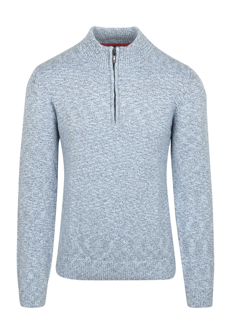 Lichtblauwe gebreide trui met lange mouwen en een halve rits kraag, met een textuurstof en geribde manchetten en zoom.