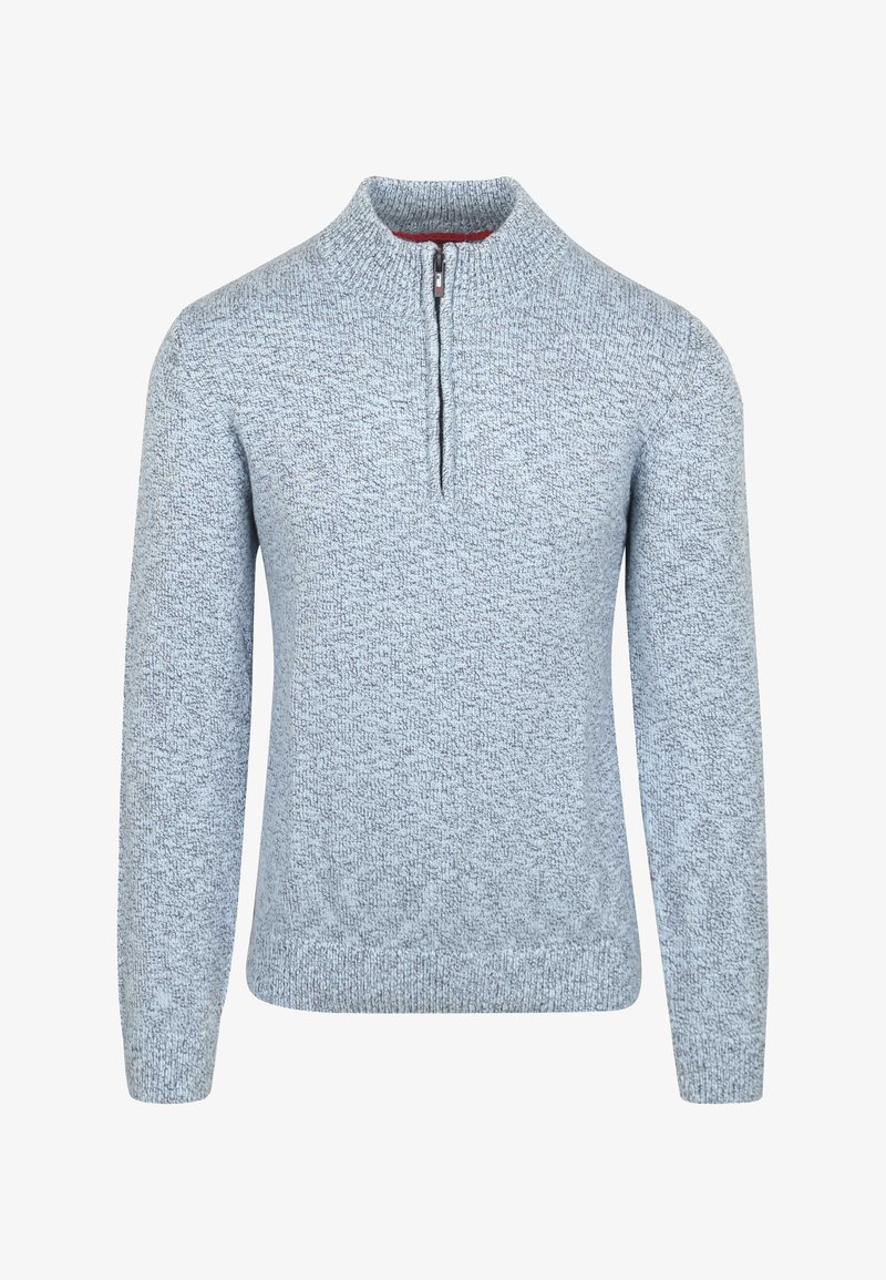Lichtblauwe gebreide trui met lange mouwen en een halve rits kraag, met een textuurstof en geribde manchetten en zoom.
