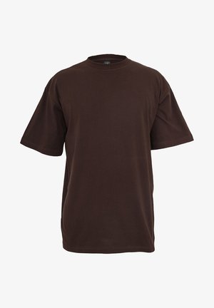 T-shirt en coton marron à manches courtes, col rond et coupe décontractée. Texture lisse sans motifs ni accents visibles.