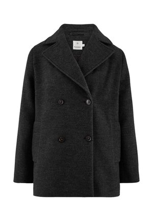 Dunkelgrauer Wollmantel mit doppelreihigem Design, großen, notched Revers, zwei Fronttaschen und braunen Knöpfen. Glatte Textur.