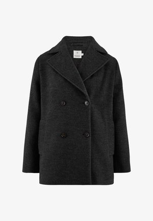Dunkelgrauer Wollmantel mit doppelreihigem Design, großen, notched Revers, zwei Fronttaschen und braunen Knöpfen. Glatte Textur.