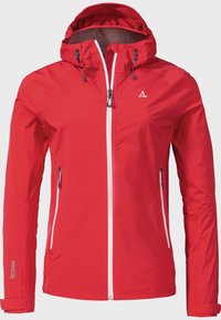 Red waterproof jacket with a hood, featuring white zippers and two side pockets. Material is smooth and lightweight, designed for outdoor use.