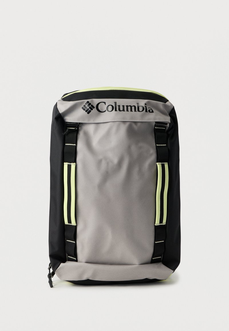 Σακίδιο πλάτης Columbia με γκρι κυρίως σώμα, μαύρες λεπτομέρειες, λουριά σε νέον πράσινο και λογότυπο. Ανθεκτικό ύφασμα με κομψό, ορθογώνιο σχέδιο.