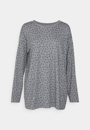 Szary długi rękaw top wykonany z miękkiego materiału z wzorem w kropki. Luźny krój z okrągłym dekoltem i opadającymi szwami na ramionach.