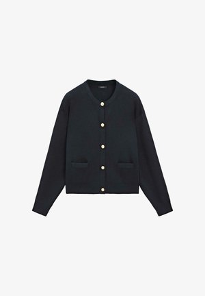 Černý dlouhý kardigan s kulatým výstřihem, zlatými knoflíky vpředu a dvěma malými předními kapsami.