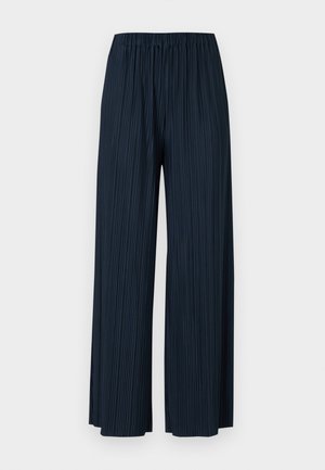 Navy pleated wide-leg trousers with an elastic waistband. Features vertical stripes and a soft texture for comfort. No pockets.