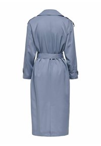 Light blue trench coat with a belted waist, long sleeves, and a classic collar. Made from smooth fabric with a flowing silhouette.