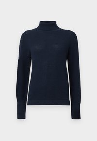 Temno modra pulover s turtleneck ovratnikom z teksturirano pletenino, dolgimi rokavi in rebrastimi manšetami in robom. Gladka površina tkanine.