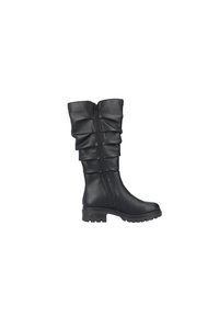 Black knee-high boots made of smooth leather, featuring a ruched design and side zipper, with a sturdy rubber sole for traction.