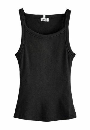 Maiou negru din bumbac cu dungi, cu bretele late și o etichetă mică albă cu inscripția "self" la guler.