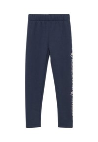 Marineblauwe legging gemaakt van zacht materiaal, met een elastische tailleband en lichtroze tekstdetails langs de zijkant, met een aansluitend ontwerp.