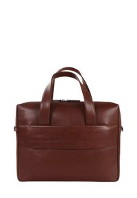 Braune Lederhandtasche mit zwei oberen Griffen, rechteckiger Form, glatter Textur und einer Fronttasche. Reißverschlussverschluss oben.