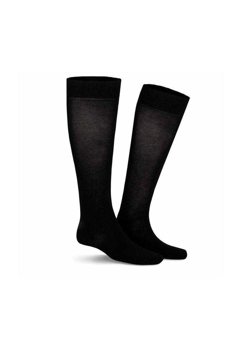 Schwarze knielange Socken aus glattem Material, in einer einfarbigen Ausführung mit einem gerippten Bund oben und einem nahtlosen Design.