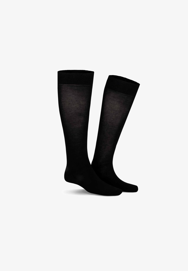 Schwarze knielange Socken aus glattem Material, in einer einfarbigen Ausführung mit einem gerippten Bund oben und einem nahtlosen Design.