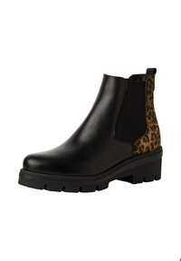 Černé kožené kotníkové boty s gumovou podrážkou, které mají na bocích akcenty z semiše s leopardím potiskem a elastické panely pro snadné obouvání.