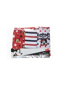 Set di tre slip caratterizzati da tessuto rosso con pois e disegni di personaggi, strisce bianche e blu navy, e grafiche di Minnie Mouse.