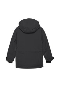 Melnas ūdensnecaurlaidīgas jaciņas ar kapuci, garāka griezuma, ar elastīgām piedurknēm un sānu kabatām. Gluda tekstūra ar minimālistiskiem dizaina elementiem.