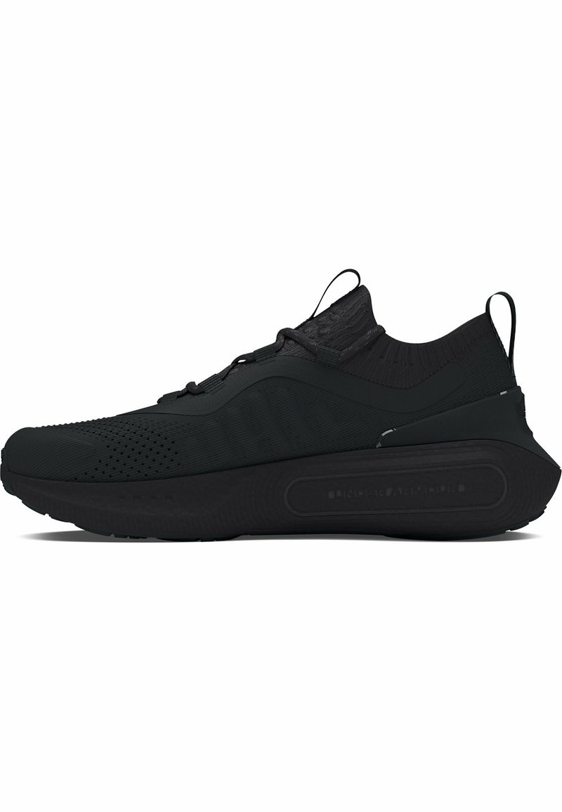 Black athletic shoe with a knit upper, textured body, and a thick sole featuring ventilation holes. Includes pull tabs for easy wear.