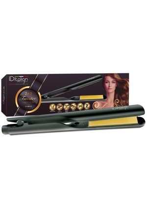 Piastra e arricciacapelli 2 in 1 nera e oro con confezione che presenta una donna con capelli lunghi e mossi e icone delle caratteristiche del prodotto.