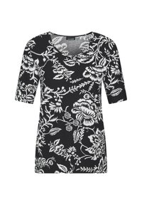 Zwart bloemen top met korte mouwen, voorzien van witte, complexe bloemenpatronen, ronde halslijn en een zachte stoftextuur. Ontworpen met een getailleerde pasvorm.