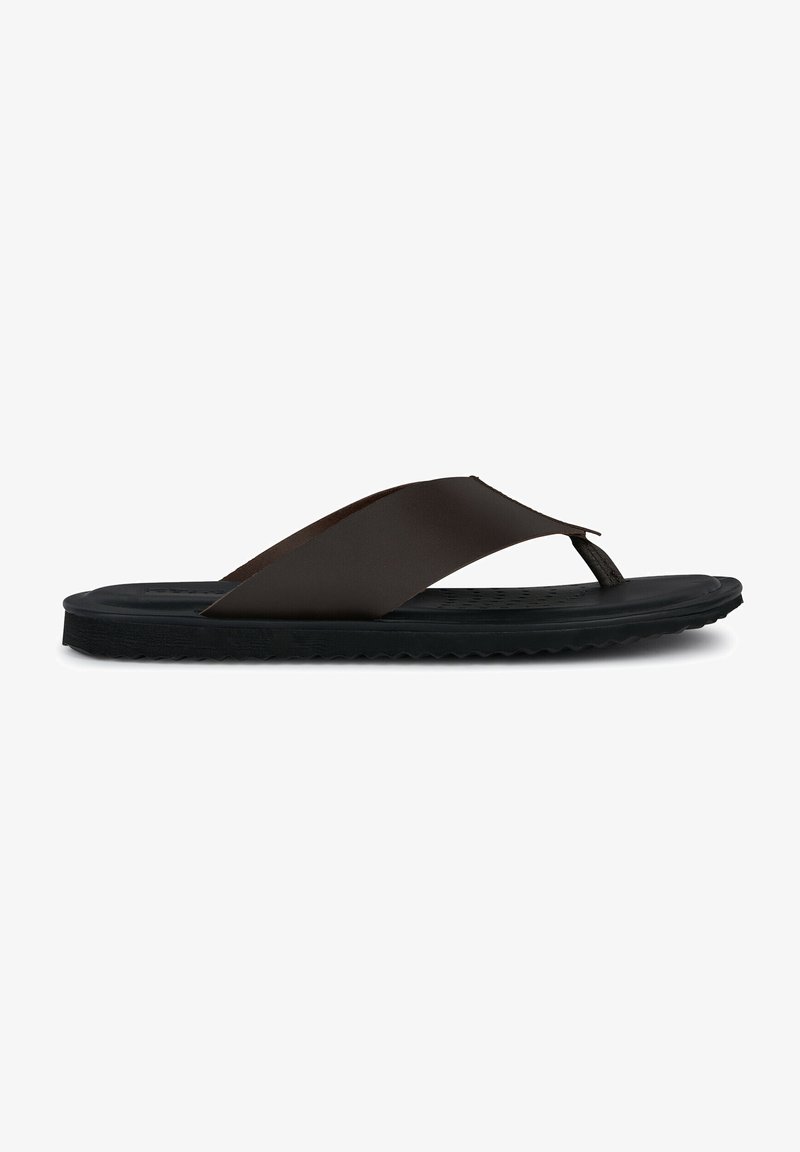 Sandali infradito marroni con cinturini flessibili e suola in gomma nera texturizzata. Il design presenta uno stile minimalista con una costruzione leggera.