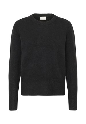 Suéter negro de punto con cuello redondo y mangas largas. Presenta una textura suave y un dobladillo recto con acentos de canalé en los puños y la cintura.