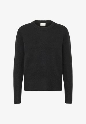 Pull en maille noire à col rond et manches longues. Présente une texture douce et un ourlet droit avec des accents côtelés au niveau des poignets et de la taille.