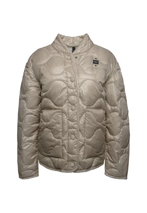 Beige gewatteerde jas met een staande kraag, drukknoopsluiting en een gestructureerd puffy ontwerp met cirkelvormige patronen.