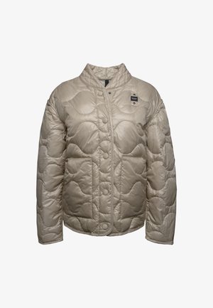 Beige gesteppte Jacke mit Stehkragen, Druckknopfverschluss und einem strukturierten, plüschigen Design mit kreisförmigen Mustern.