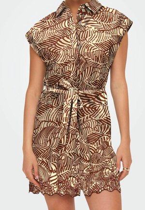 Mouwloze jurk met kraag, bedrukt met bruine en beige bladeren, een knoopsluiting aan de voorkant, een tailleband en een gerafelde zoom.