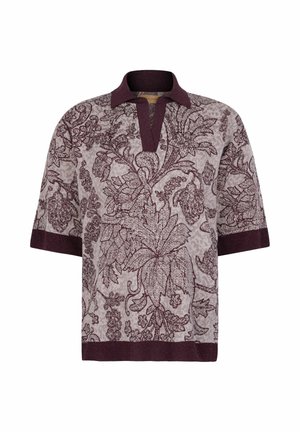 Kurzärmeliges Strickoberteil mit weinrotem Blumenmuster, V-Ausschnitt und einfarbigem weinrotem Besatz an Ärmeln, Ausschnitt und Saum.