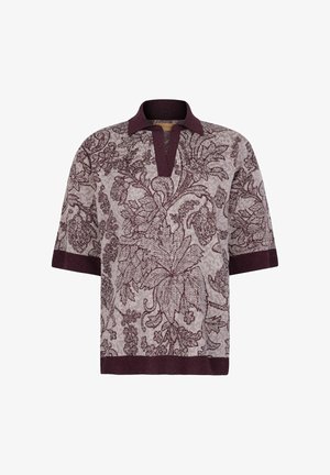 Striktop med korte ærmer med vinrødt blomsterprint, V-hals og ensfarvet vinrød kant på ærmer, halsudskæring og kant.