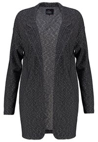 Černý a šedý dlouhý cardigan s texturovaným herringbone vzorem, otevřeným předním designem, spadlými rameny a dlouhými rukávy.