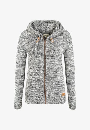 Grå og hvid strikket hættejakke med lynlås, snøre og brune læderdetaljer. Ribbet manchetter og kant. Logo mærke på den nederste side.