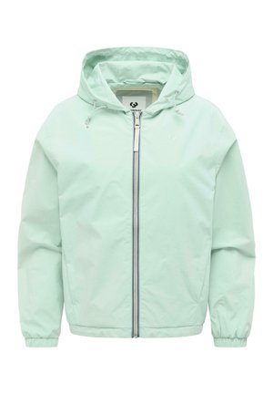 Lys mintgrønn hettejakke med frontglidelås, snor i hetten, elastiske mansjetter og subtil logo på brystet.