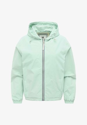 Lys mintgrønn hettejakke med frontglidelås, snor i hetten, elastiske mansjetter og subtil logo på brystet.