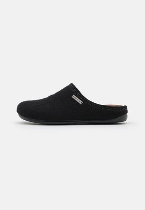 Black wool slip-on slipper with a rounded toe, soft texture, stitched detailing, and a low-profile rubber outsole.