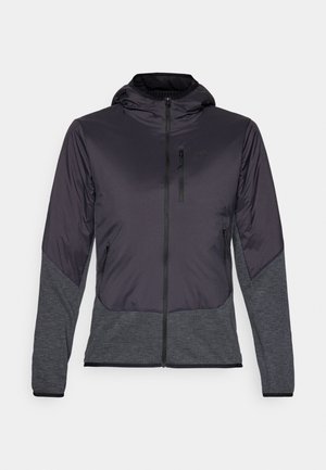 Black and gray hooded jacket with zippered front, elongated sleeves, and side pockets. Features a smooth upper and textured lower fabric.