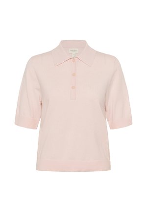 Svetloružová pletená polokošeľa s krátkym rukávom, zapínaním na gombíky a rebrovanými manžetami a lemom.