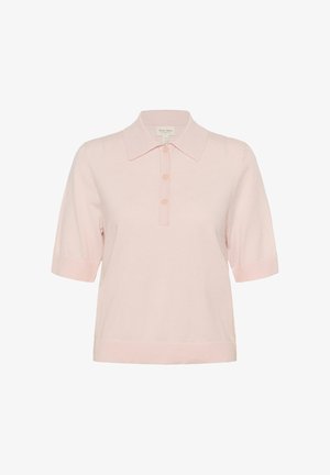 Lichtroze gebreid poloshirt met korte mouwen, knoopsluiting en geribbelde boorden en zoom.