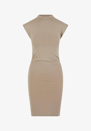 Bež haljina prilagođenog kroja s visokim ovratnikom i kratkim kap rukavima. Glatki, rastezljivi materijal s nabranim teksturama u struku.
