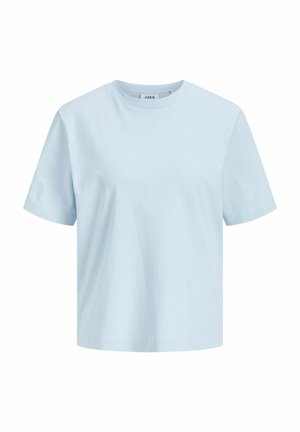 Lyseblå kortærmet t-shirt med rund hals og afslappet pasform med ensfarvet design på hvid baggrund.