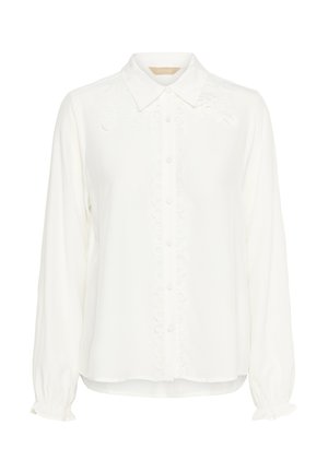 White long-sleeve blouse with a collar and button closure. Features front embroidery and gathered cuffs for a textured detail.