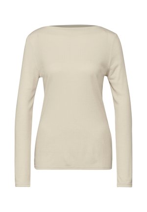 Krémový top s dlouhým rukávem vyrobený z ribbed látky, s širokým kulatým výstřihem a přiléhavým střihem. Jednoduchý, bez viditelných vzorů nebo akcentů.
