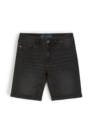 Czarne szorty dżinsowe o regularnym kroju, z podwiniętymi mankietami, pięcioma kieszeniami i subtelnym efektem sprania. Zamek błyskawiczny oraz zapięcie na guzik.