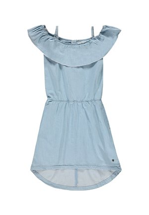 Robe bleu clair à épaules dénudées avec un col à volants, une taille élastique et un ourlet arrière légèrement plus long. Fabriquée en matériau doux et respirant.