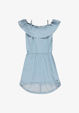 Lichtblauwe off-shoulder jurk met een ruches halslijn, elastische taille en een iets langere achterkant. Gemaakt van zacht, ademend materiaal.