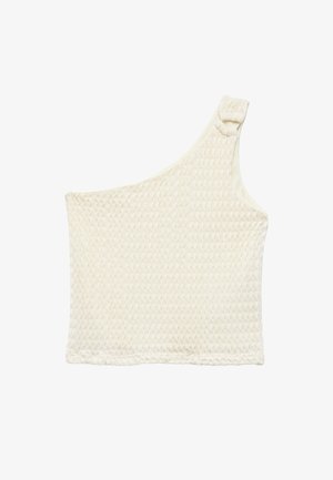 Top asymétrique en tissu crème avec un motif texturé, doublure douce et un détail froncé à l'épaule.